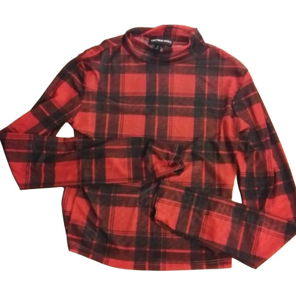 STREETWEAR SOCIETY WOMENS LARGE RED AND BLACK PLAID SHEER CROP TOP